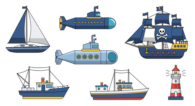 Collection of diverse marine vessels including a sailing yacht two submarines a pirate ship two fishing boats and a lighthouse rendered with a flat design aesthetic for nautical themed projects