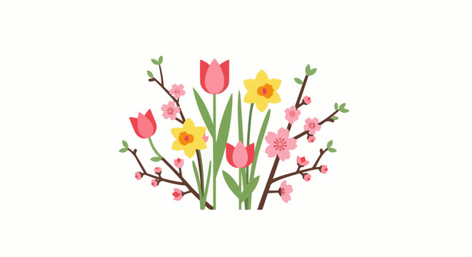 A colorful, stylized arrangement of spring flowers and branches