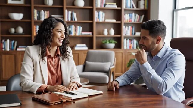 Financial advice session. Expert provides guidance on investments and future financial strategies. Advisor reviews documentation and notes while advising clients on their financial future