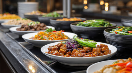 Fototapeta premium An enticing buffet showcasing a diverse range of fresh and delicious food, displayed in elegant bowls and plates. The image is an appealing array of dishes