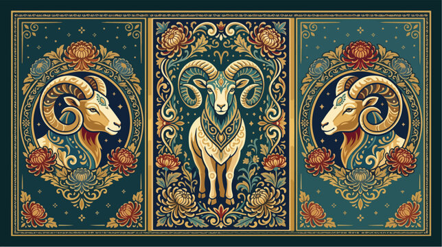 Ram figures represent the aries zodiac sign with elegant floral decorative frames.