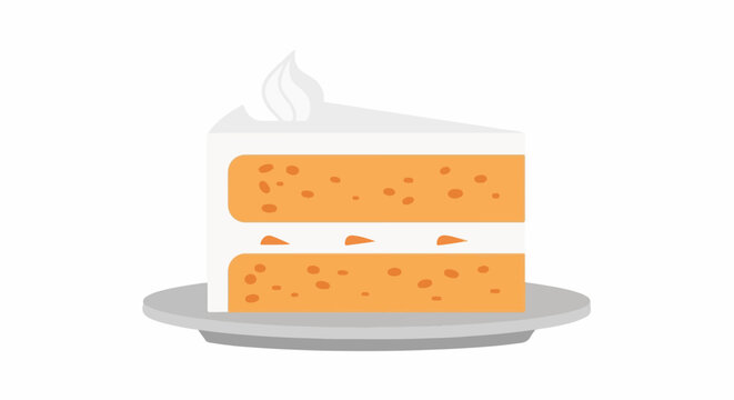 A slice of orange cake with white frosting on a gray plate