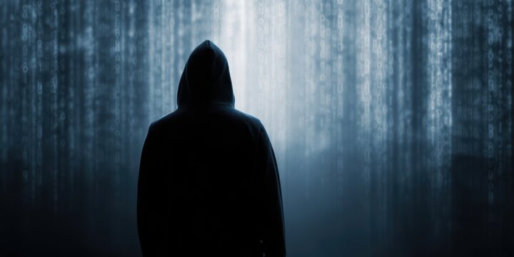 The Hooded Hacker Standing Before Streaming Binary Code in a Dark Cyber Landscape