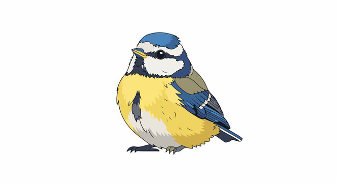 A small, plump blue and yellow bird stands on a white background