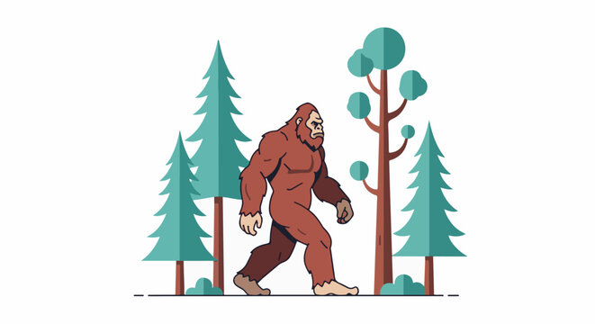 A brown ape-like creature walks through a forest of evergreen trees