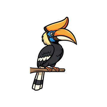 Cartoon vector illustration of a hornbill bird character with a large yellow casque, orange beak, black feathers, and blue eye details, perched on a branch against white background.