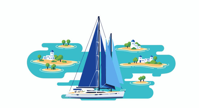 A sailboat glides past picturesque islands with white buildings and trees