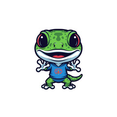 Obraz premium Cute cartoon gecko character mascot illustration wearing a blue hooded sweatshirt with a logo, featuring large black eyes, green spotted skin, and a wide smile, isolated on white background.