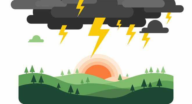 A storm looms over a gentle landscape with a setting sun