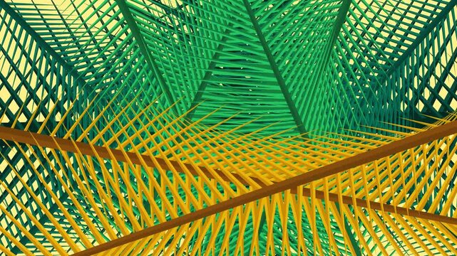 Abstract Tropical Palm Leaf Pattern with Green and Yellow Fronds in Geometric Composition for Summer Background