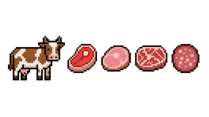 A brown and white cow stands next to various cuts of raw meat including steak, roast, and ground beef on a clean surface. © ade