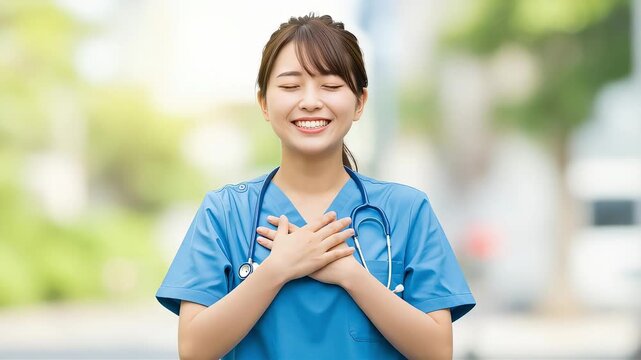 屋外で胸に手を当てて満面の笑みを浮かべる女性看護師