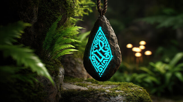 A captivating close-up of a mystical glowing amulet hanging in a serene natural environment. The amulet is adorned with an intricate glowing design, exuding an aura of enchantment, mystery.