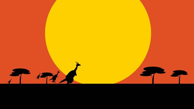Animated Silhouette of Kangaroos Hopping Across the Wild Outback Landscape at Sunset with Large Yellow Sun