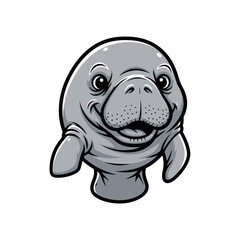 Fototapeta premium Vector illustration of a friendly gray manatee character with a happy smile, large black eyes, and flippers, depicted as a mascot or cartoon avatar isolated on a white background.
