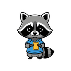 Fototapeta premium Cute cartoon raccoon character wearing a blue hoodie holding a yellow smartphone, vector illustration isolated on white background, friendly forest animal mascot with ringed tail.