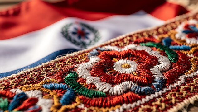 Traditional Paraguayan embroidery with national flag detail in close-up view