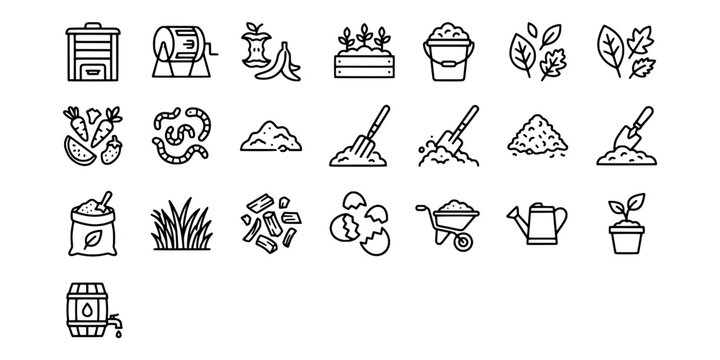 Icon set collection of eco-friendly composting processes and organic waste recycling tools for sustainable gardening and environmental conservation practices