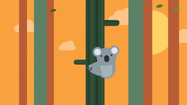 Cute Flat Vector Koala Climbing a Tree in a Stylized Forest at Sunset with Falling Leaves