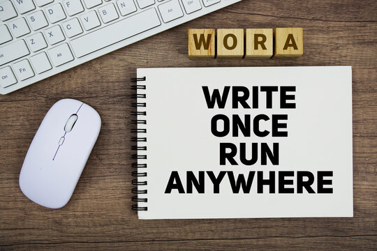 WORA Write Once Run Anywhere message with keyboard and optical mouse on wooden background