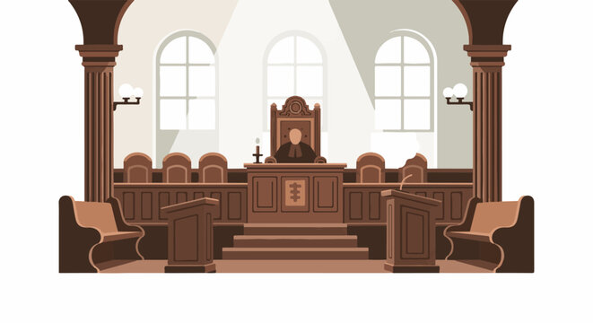 A courtroom scene with a judge's bench, jury box, and witness stand