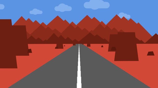 Minimalist Flat Vector Desert Landscape with Asphalt Road leading to Mountains under Blue Sky for Travel and Journey Concepts