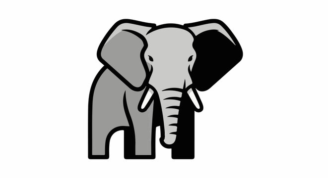 A stylized, cartoonish elephant with large ears and tusks stands centered