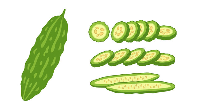 Bitter melon fruit and slices arranged on a surface for healthy eating and nutrition.