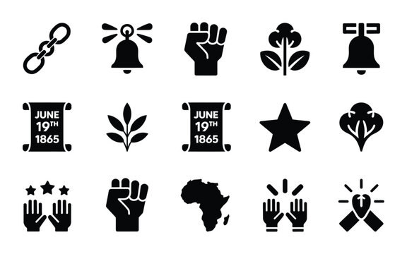 Juneteenth icon set featuring fist chain bell plant star and freedom symbols on white background