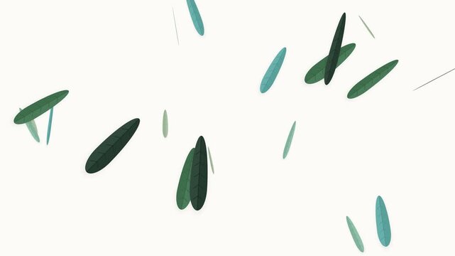 Minimalist Flat Design Green Leaves Floating and Falling Down on Plain White Backdrop for Environmental Video Projects