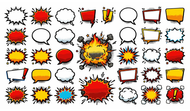 Pop Art Comic Speech Bubble and Explosion Cloud Vector Illustration Set