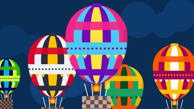Vibrant Flat Vector Illustration of Multiple Colorful Hot Air Balloons Floating in Dark Blue Night Sky