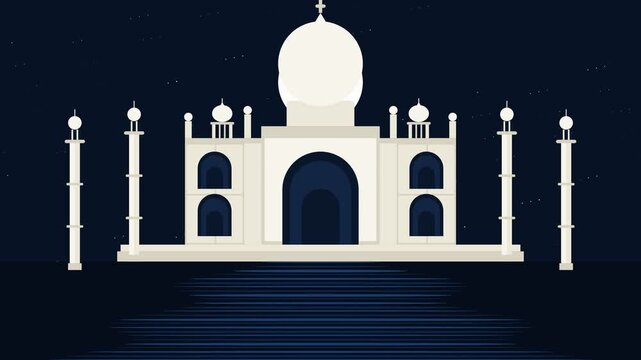 Minimalist flat animation of white marble palace reflecting on dark water under starry night sky