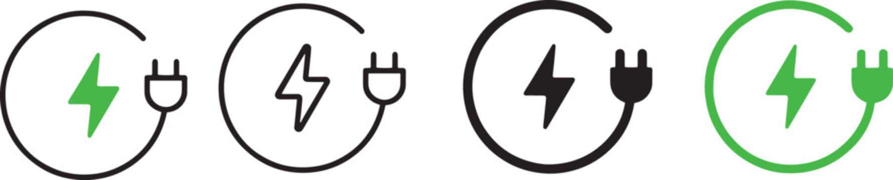 Set of electric plug and lightning bolt icons representing energy and power with energy saving electricity lightning technology renewable sustainable connection electric