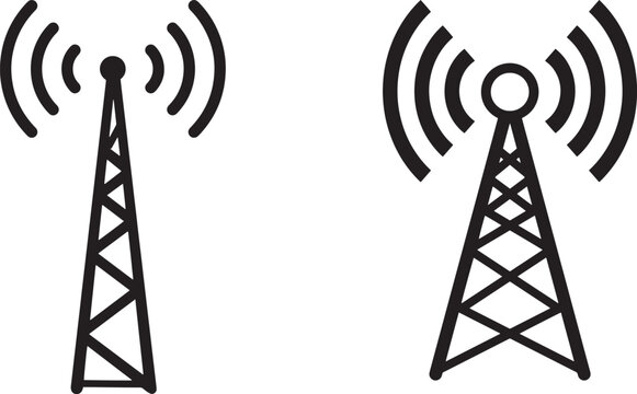 Two icons of communication towers transmitting signals with cell tower radio wireless signal communication transmission broadcasting connection electronic ethernet