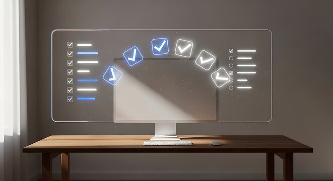 Digital checklist interface with glowing checkmarks on computer screen