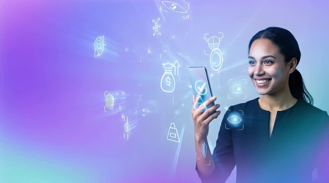 Engaging Woman Using Smartphone with Digital Interface Elements