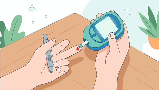 Person Self Testing Blood Sugar Level at Home Table with Glucometer and Lancet Pen, Flat Illustration of Diabetes Daily Blood Glucose Monitoring Routine with Indoor Plants Healthcare Medical Concept