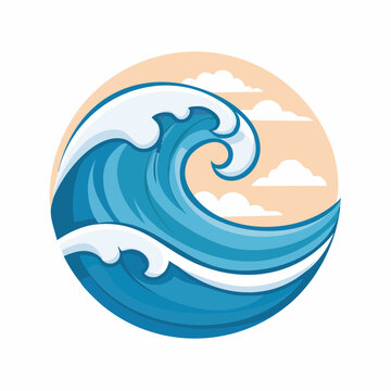 Stylized illustration of a large blue ocean wave crashing