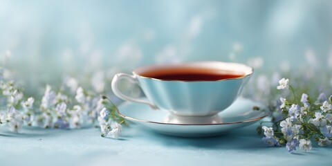 Fototapeta premium The teacup on saucer surrounded by delicate white flowers in soft blue light