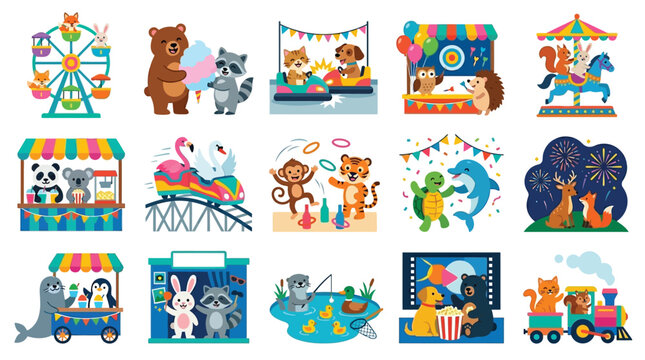 Collection of cute cartoon animals enjoying various attractions at a vibrant amusement park.