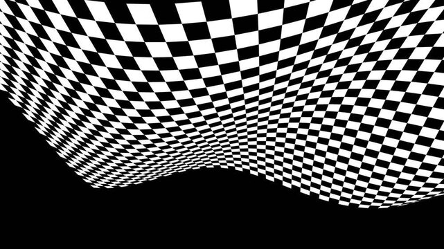 Abstract black and white checkered flag waving pattern with 3d perspective distortion on dark background