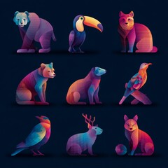 Fototapeta premium Colorful animal illustrations show various species on a dark background with geometric shapes representing them