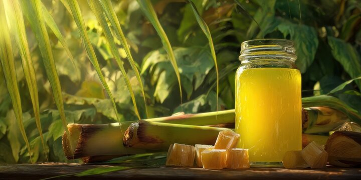 The jar of sugarcane juice with fresh cane stalks and jaggery cubes