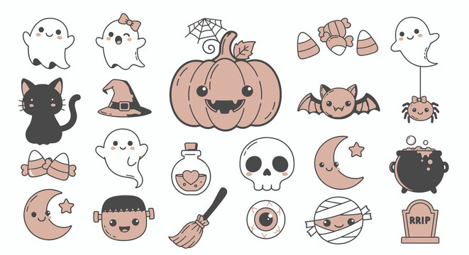 Cute pixel art Halloween icons set with ghosts and pumpkin