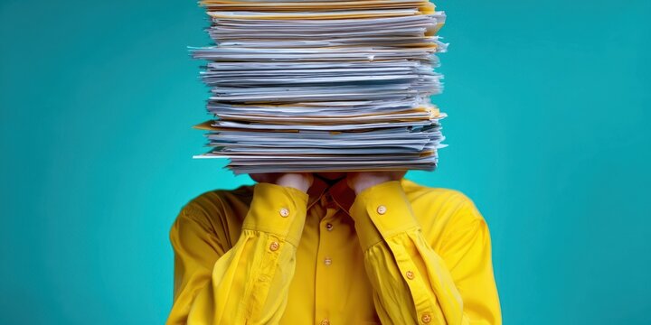 The Stack of Papers Covering an Overwhelmed Office Worker Wearing a Bright Yellow Shirt