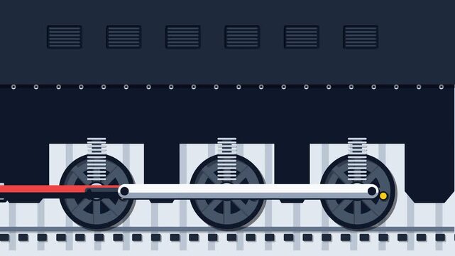 Stylized Flat Vector Animation of a Steam Locomotive Undercarriage with Wheels and Piston Rods on a Railway Track