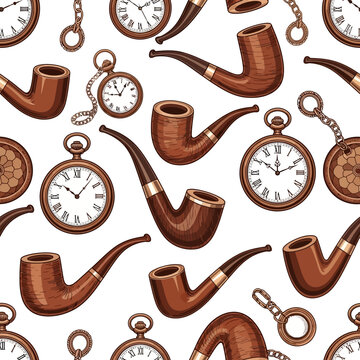 Vintage smoking pipe and pocket watch seamless vector illustration
