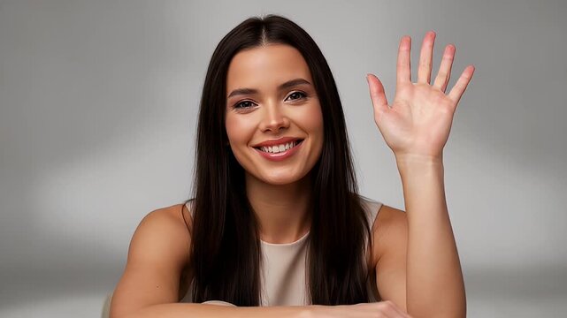 Happy Woman Celebrating Success with Hand Raised in Studio