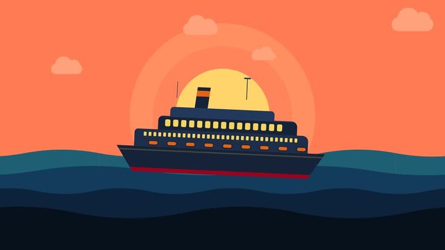 Flat Vector Illustration of a Large Cruise Ship Sailing on Ocean Waves During a Vibrant Sunset or Sunrise Background